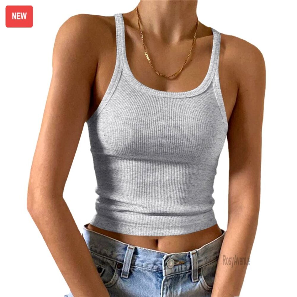 Sleeveless Ribbed Knit Tank Top Scoop Neck Form Fitting Cami Shirt
